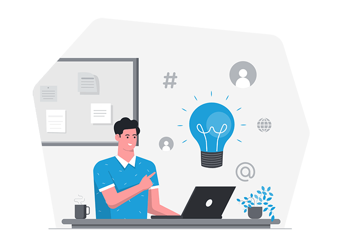 Illustration of man having a great idea at his desk, creating plans for a new telemarketing campaign
