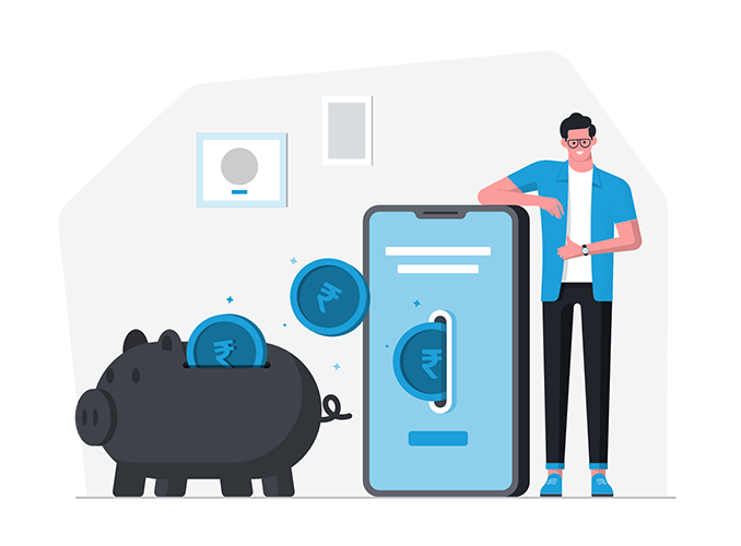 Money flying out of a giant man sized phone into a giant piggy bank – happy days